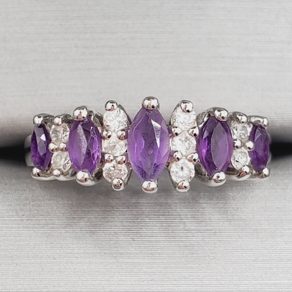 925 Sterling Silver Ring Genuine Amethyst & Simulated Diamond Ring Purple Ring
